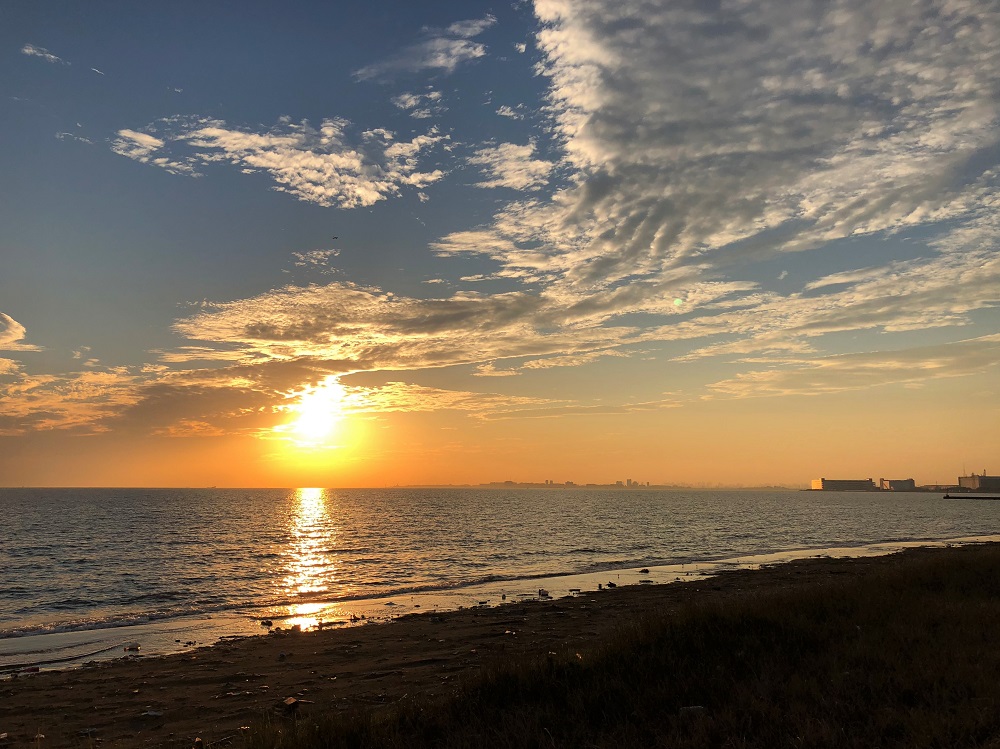 夕日の海岸で眺める